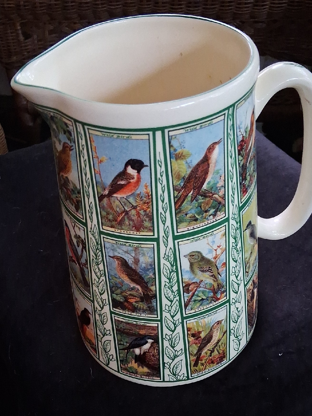 Vintage Ceramic Bird-Print Pitcher in Green and Cream - Unbranded